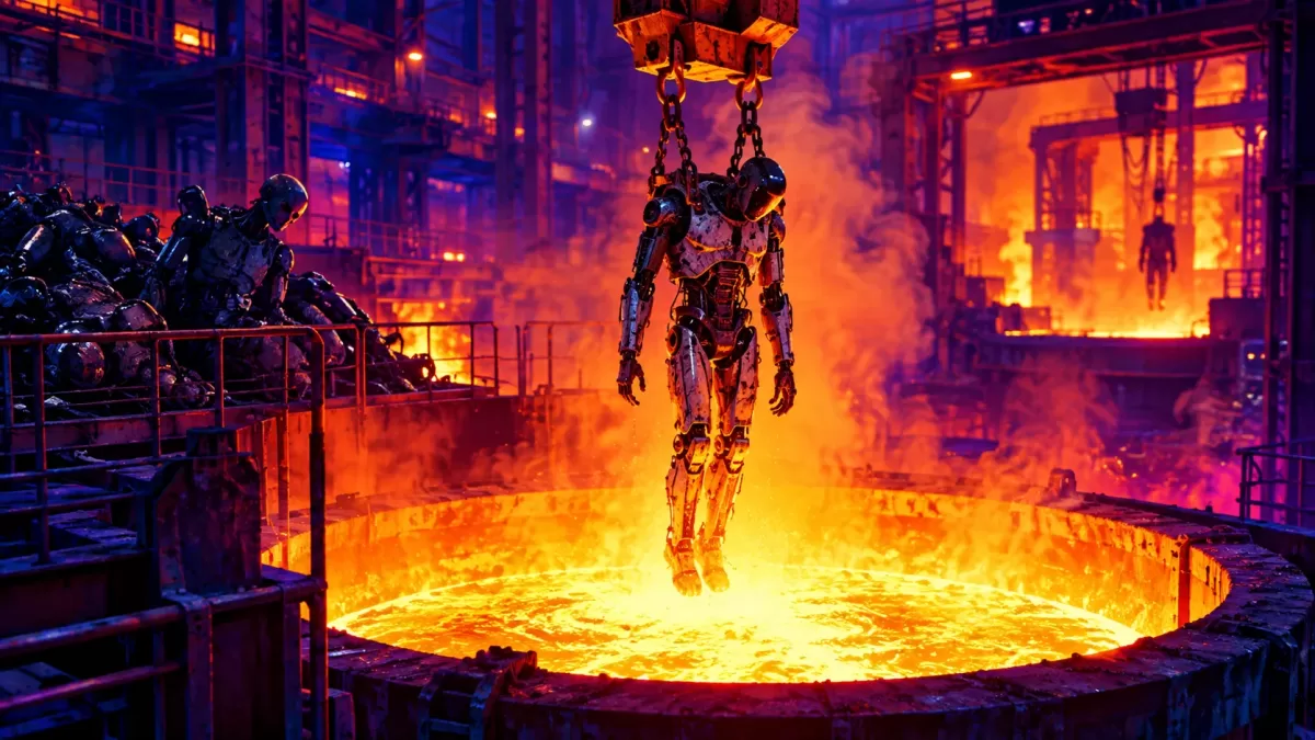 Arnold Schwarzenegger söyledi, Figure eski robotlarını erimiş çeliğe attı haberini anlatan temsili editoryal görsel.