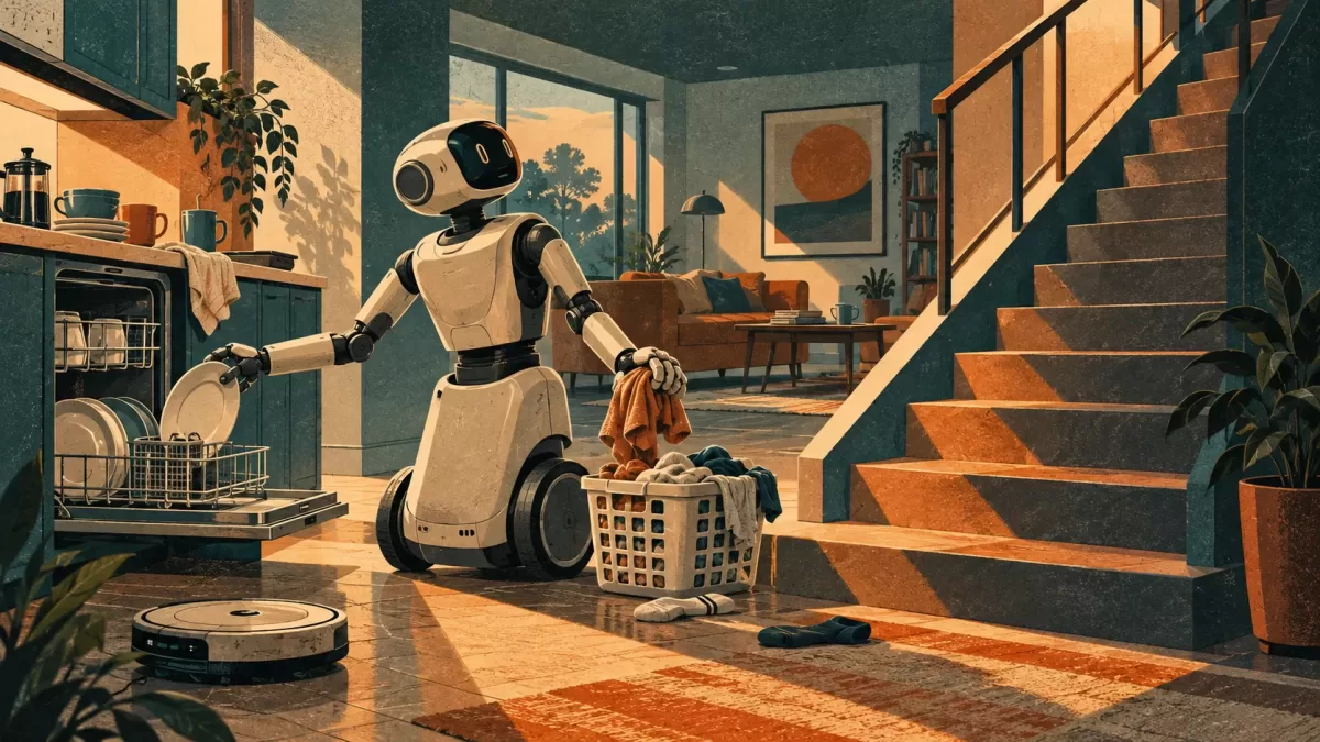 3.555 dolarlık ev robotu: Flourish 1 çamaşırı topluyor, bulaşık makinesini dolduruyor, merdivene ise çıkamıyor haberini anlatan temsili editoryal görsel.